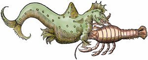 Havdrage og kæmpekrebsdyr, xylografi taget fra "Paralipomena accuratissima historiae omnium animalium quae in voluminibus Aldrovandi desiderantur/Bartholomaeus Ambrosinus... summo labore collegit; Marcus Antonius Berna bibliopola bononiensis p af Unbekannter Künstler