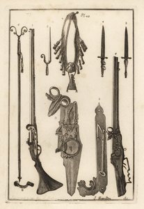 Matchlock-musket, lås og bajonet fra Tower of London 1-3, bajonet 4, musketstøtte og bajonet 5, musketstøtte 6, bandilere og pudderkolbe 7, hjullås 8,9 og skruenøgle 10 af Unbekannt