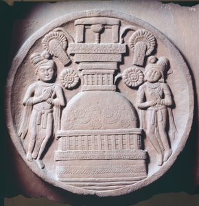 Medaljon med tilbedere, relief fra Stupa af Bharhut, buddhistisk monument, Madhya Pradesh, Indien, indisk civilisation, 2. århundrede f.Kr.
