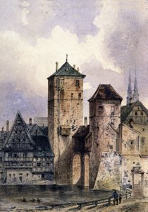 Middelalderby ved Rhinen, ca. 1850-1900 (akvarel) af Unbekannter Künstler