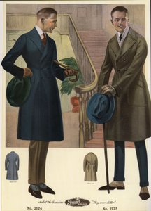 Herremode 1920 - Mænd i dobbeltradede frakker med stokke og hatte, iført spatler. Kromolitografi fra et katalog over herremode fra Bruner Woolens. af Unbekannter Künstler