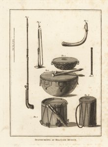 Militære musikinstrumenter: trompet, horn, fife, kedeltromme, sidetromle af Unbekannt