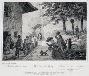Saltmine: turisters udgang fra minen på et trækøretøj trukket på skinner, i Durrnburg, Østrig, omkring 1850 af Unbekannt