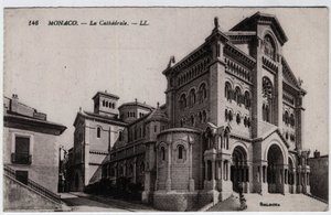 Monaco: udvendig udsigt over Cathedrale Notre Dame Immaculee (Notre-Dame-Immaculee) - Postkort slutningen af det 19.-20. århundrede af William M. Timlin