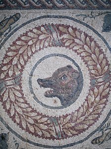 Mosaik af peristylen. Detalje, der repræsenterer et bjørnehoved. 3. - 4. århundrede. Romersk villa i Casale, Sicilien. UNESCO-sted. af William M. Timlin