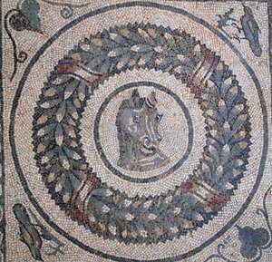 Mosaik af peristylen. Detalje, der repræsenterer et hestehoved. 3. - 4. århundrede. Roman Villa of the Casale, Sicilien. UNESCO-sted. af William M. Timlin