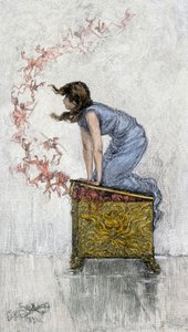 Myter og legender: Pandora åbner nysgerrigt æsken på trods af forbuddet og befrier færre dæmoner fra æsken, der indeholder alle menneskehedens dårligdomme. Koloreret stik fra det 19. århundrede. af Unbekannter Künstler