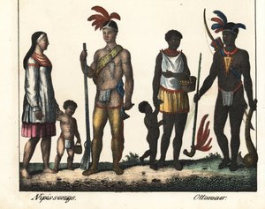 Indfødt i Canada: en familie af indianere fra Nipissing-søen og en familie af indianere fra Ottawa-området. Litografi til bogen: "Galerie complete en tableaux fideles des peuples d