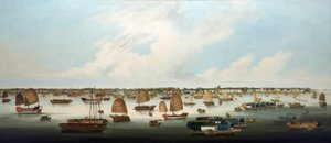 "Sejlads på Perlefloden (eller Zhu Jiang, Canton-floden) ud for Henan-øens kyst med udsigt til de europæiske fabrikker i Canton (Kina). af Unbekannter Künstler
