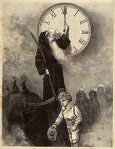Nytårsallegori 1889, der viser en gammel hvælving, som symboliserer det gamle år, der giver plads til en smilende lille dreng, som symboliserer det nye år. Tiden ser på scenen ved at dreje viserne på et ur. Gravering fra det 19. århundrede af Unbekannter Künstler