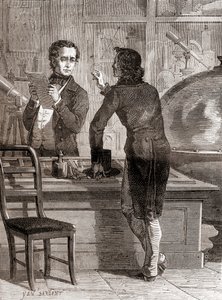 Nicéphore Niépce, mens den stadig er ukendt og fattig, i Charles Chevaliers optik- og instrumentbutik, fra Les Merveilles de la Science, udgivet ca. 1870 (gravering) af Unbekannt
