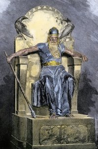 Nordisk mytologi: repræsentation af guddommen Wotan (Odin). Farvestik fra det 19. århundrede. af Unbekannter Künstler