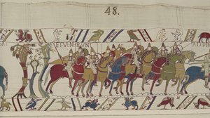 Normanniske soldater forlader Hastings for at kæmpe med Harold, Bayeux Tapestry (uldbroderi på hør) af Unbekannt