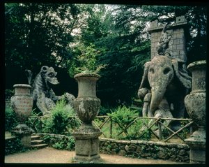 En af Hannibals elefanter og en drage, der kæmper med en løve, skulpturer fra Parco dei Mostri (Monster Park) haver anlagt mellem 1550-63 af hertugen af Orsini efter design af Giacomo Barozzi da Vignola (1507-73) (sten) (foto) (for detaljer se 6 af Unbekannt