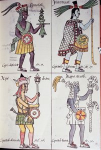 Opochtli, Xipe Totec, Yacatecuhtli og Nappatectli, Side fra Florentine Codex, General History of Things of New Spain, Aztec af Benjamin Baud