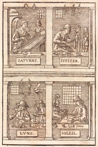 Guldsmede og alkymistiske symboler: Saturn og bly, Jupiter og tin, Måne og sølv, Sol og guld - Guldsmede og sølvsmede Alkymistisk symbolik af Unbekannt