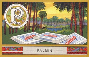 P : Palmine - Alfabet Palmine. Serie af kromolitografier redigeret af H. Schlinck & Cie, Hamburg, s. d. . Annonce for Palmins fineste kokosfedt. Mål: 7 x 11 cm af William M. Timlin