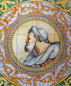 Malet maiolica panel, der forestiller en gammel mands hoved i stil med Michelangelo, lavet af Ceramiche Desuir, Santo Stefano di Camastra, Sicilien, Italien, Detail af William M. Timlin