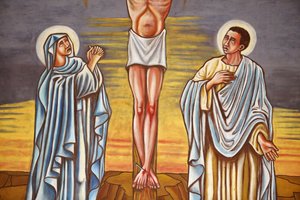 Maleri. Jesu Kristi korsfæstelse. Jomfru Maria og Sankt Johannes, Aneho, Togo af Unbekannt