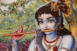 Maleri, der forestiller den hinduistiske gud Krishna, der spiller på fløjte udendørs. Indien af Unbekannt
