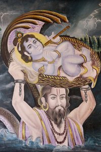Maleri i Gokul: Krishna som baby båret over Yamuna-floden af Vasudeva. Indien af Unbekannt