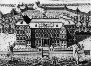 Palace of A, Menshikov på Vassily Island: En af de første bygninger bygget i Skt. Petersborg (1711-1716), gravering af A, Zubov (1717), Rusland. af Unbekannt
