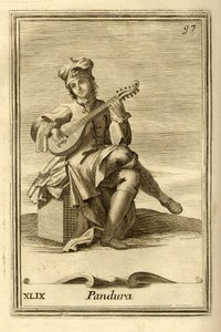 Pandura-strengeinstrument af byzantinsk oprindelse, forfader til mandolin. I "Gabinetto Armonico" af Filippo Bonanni, Rom af Unbekannter Künstler