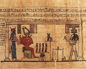 Papyrus fra Ousirours første vejrtrækningsbog, Ousirours Thoth vejende sjæl før Isis og Osiris