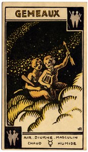 Paranormalt. Astrologi. Tvillingerne (Tvillingerne). Astrologisk kort fra: Le Tarot Astrologique (Astrologisk Tarot), af Georges Muchery, Frankrig af Unbekannter Künstler