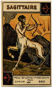 Paranormalt. Astrologi. Skytten (bueskytten). Astrologisk kort fra: Le Tarot Astrologique (Astrologisk Tarot), af Georges Muchery, Frankrig af Unbekannter Künstler