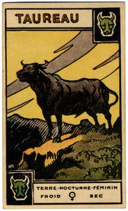 Paranormalt. Astrologi. Tyren (tyren). Astrologisk kort fra: Le Tarot Astrologique (Astrologisk Tarot), af Georges Muchery, Frankrig af Unbekannter Künstler