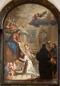 Sognekirke (Parochekerk Onze-Lieve-Vrouw). Indre. Maleri. Vor Frue giver en kasebel til Saint-Ildefonsus. af Unbekannter Künstler