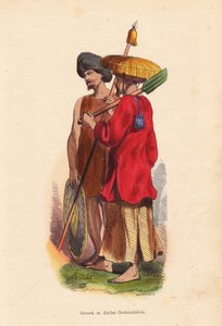 Peasant et soldat Cochinchinois (Vietnam) - Mænd fra Vietnam (Cochinchine): soldat med turban, skjold og spyd, og bonde med stråhat, tunika og skovl - Håndkoloreret træsnit af Mercier fra "Moeurs, Uses et Costumes de tous les Peuples du Monde, As af Unbekannter Künstler