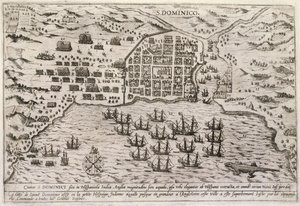 Plan for Drakes angreb på Santo Domingo, ca. 1595 (gravering) af Unbekannter Künstler