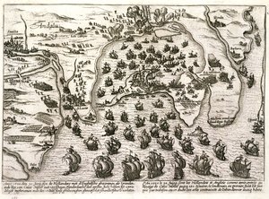 Plan over havnen i Cadiz i 1596 på tidspunktet for angrebet af Sir Walter Raleigh (gravering) af Unbekannter Künstler