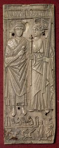 Tavle forestillende Basiliscus, Østens kejser (d.478) med et vognløb nedenunder, romersk, 480 e.Kr. (elfenben) af Unbekannt
