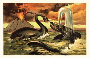 Plesiosaurus og Ichthyosaurus kæmper foran et udbrud i 1908 (litografi) af Unbekannter Künstler