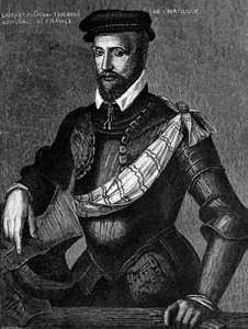 Portræt af Gaspard de Coligny, Seigneur de Chatillon (1519-1572), fransk adelsmand, admiral og huguenotleder i franske religionskrige, gravering af William M. Timlin