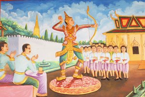 Preah Prom Rath MonasteryLife of the BuddhaPrins Siddhartha Gautama blev en mester i sværdspil, brydning og bueskydning, Siem Reap, Cambodia af Unbekannt