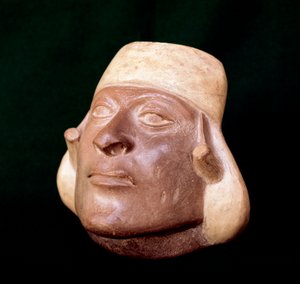 Før colombiansk kunst, mochica civilisation: terracotta vase, der repræsenterer en mands hoved - 200 BC-700 AD - Lima, National Museum of Anthropology and Archaeology, Peru - Præ-columbiansk kunst, Moche civilisation af Unbekannt