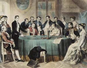 Voltas præsentation i 1801 af eksperimenterne med det elektriske batteri for førstekonsul Napoleon Bonaparte (kobberstik) af Unbekannter Künstler