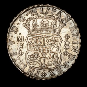 Sjælden sølvmønt, Spansk Amerika Kong Ferdinand VI, 8 Reale, kronet skjold med spanske våben 1740 (foto) af Unbekannter Künstler