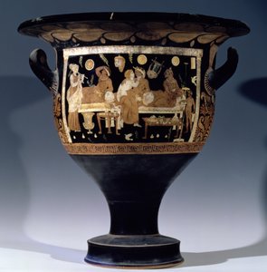 Klokkekrater med rød figur, der viser en banketscene af Unbekannt