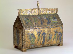 Relikvieskrin med scener fra den hellige Valerias liv, Limoges, ca. 1175 (træ, forgyldt kobber og emalje i mønster) af Unbekannt