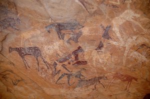 Klippekunst, forhistorie: Kvægklippemaleri, det ene knæ i et læ udsmykket i Uweinat-massivet, Sudan (Karkur-Talh eller Karkur Talh). Periode fra 8000 til 3000 år f.Kr. Fotografering af Unbekannt