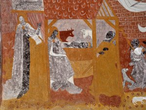 Romansk kunst: Fresker i begravelseskapellet Sainte Catherine de Jouhet, Vienne, Poitou-Charentes (Poitou Charentes), Frankrig. Nativite. Fotografering af Unbekannter Künstler