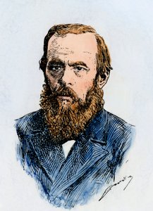 Den russiske romanforfatter Fjodor Dostojevskij (1821-1881). Håndkoloreret træsnit af en illustration fra det 19. århundrede af Unbekannter Künstler