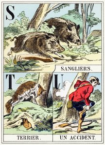 S T U : Sanglier, Terrier, Un accident - Jagtalfabetet, ca. 1890 (gravering) af Unbekannt