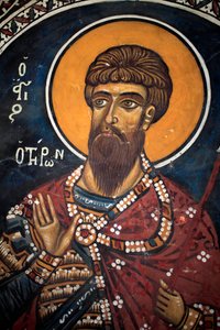 Sankt Theodore Tiron: Byzantinsk fresko fra det 14. århundrede (1332) Jomfrukirken Phorbiotissa, Asinou Cypern Malede kirker UNESCO-sted Troodos, Cypern af Unbekannt
