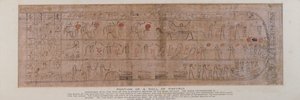 Udsnit af papyrus indskrevet med kursive hieroglyffer med teksten i det ellevte afsnit af Amtuats Bog, der beskriver solgudens fødsel på himlen ved daggry, fundet i soklen på en Ptah-Sokar-Osiris-figur af træ (se 83305), egyptisk, af Unbekannt